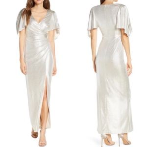 Eliza J Ruched Metallic Flutter Sleeve High Slit Evening Gown Champagne Sz 8